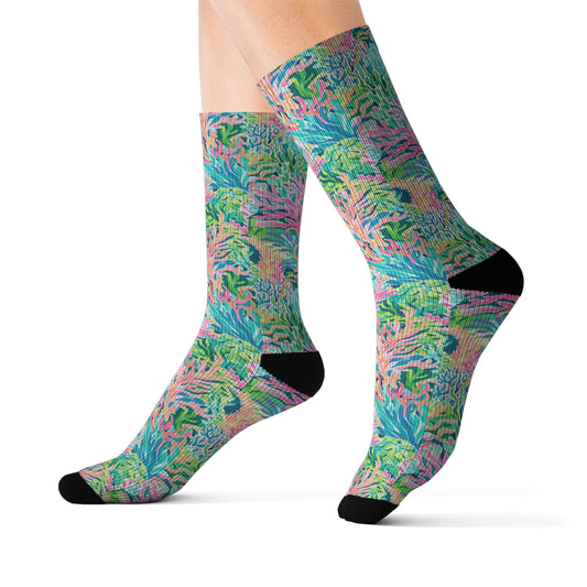 Submerged Spectrum: Vibrant Watercolor Depiction of Underwater Coral Ribbed Crew Socks