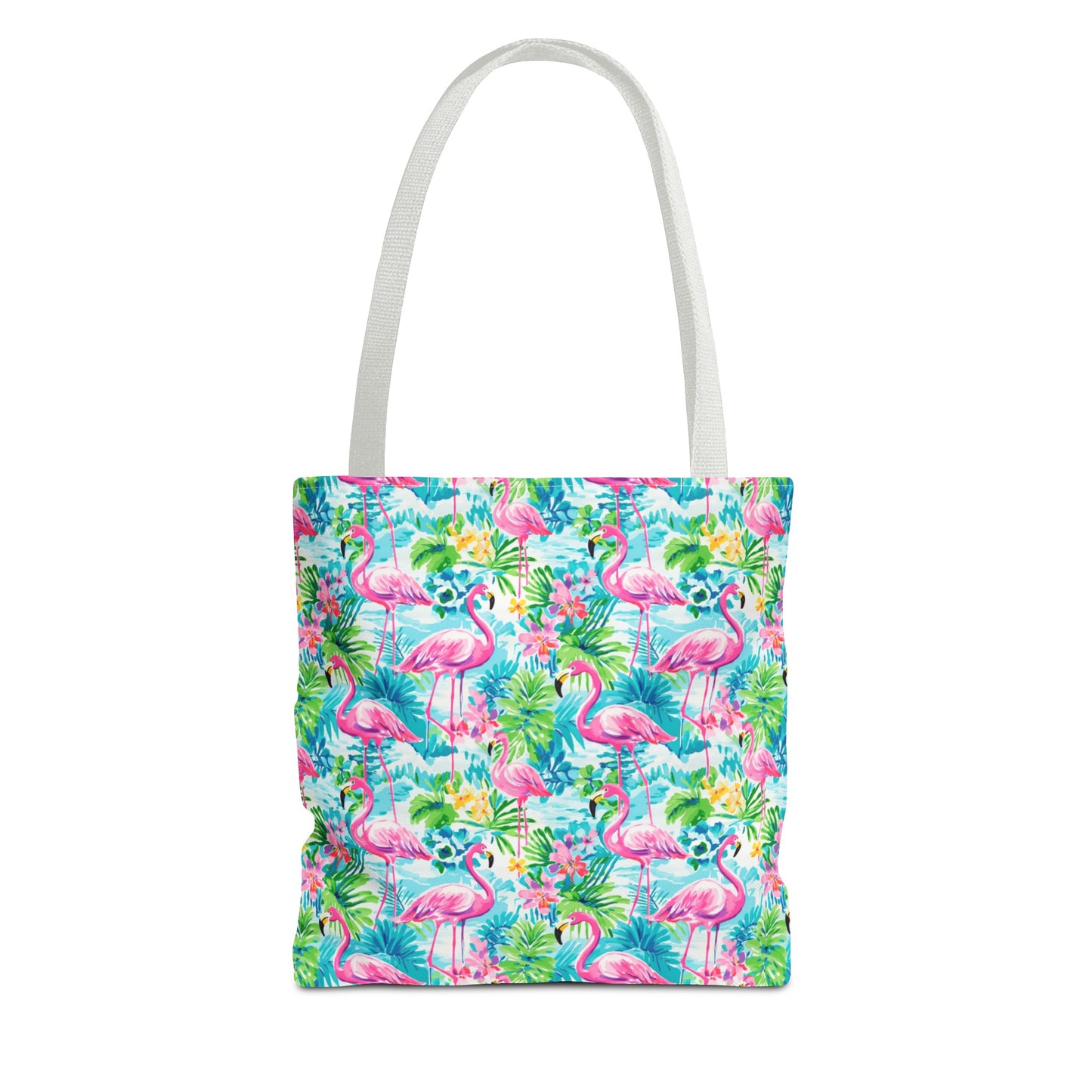 Tropical Flamingo Haven: Surrounded by Flowers and Palm Trees Canvas Tote Bag 3 Sizes