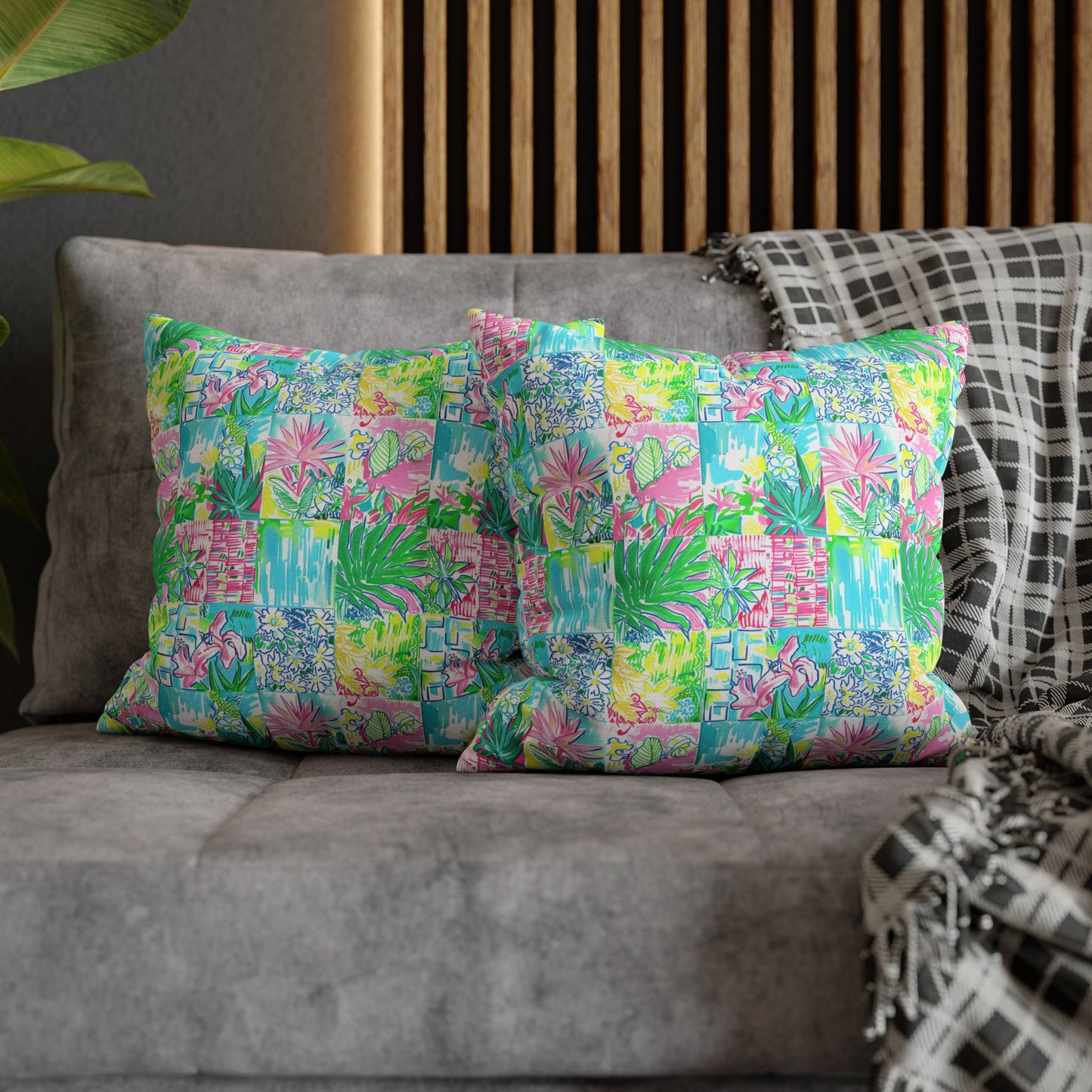 Whimsical Palm Trees and Flowers in Vibrant Pink, Teal, and Green Collage Spun Polyester Square Pillowcase 4 Sizes