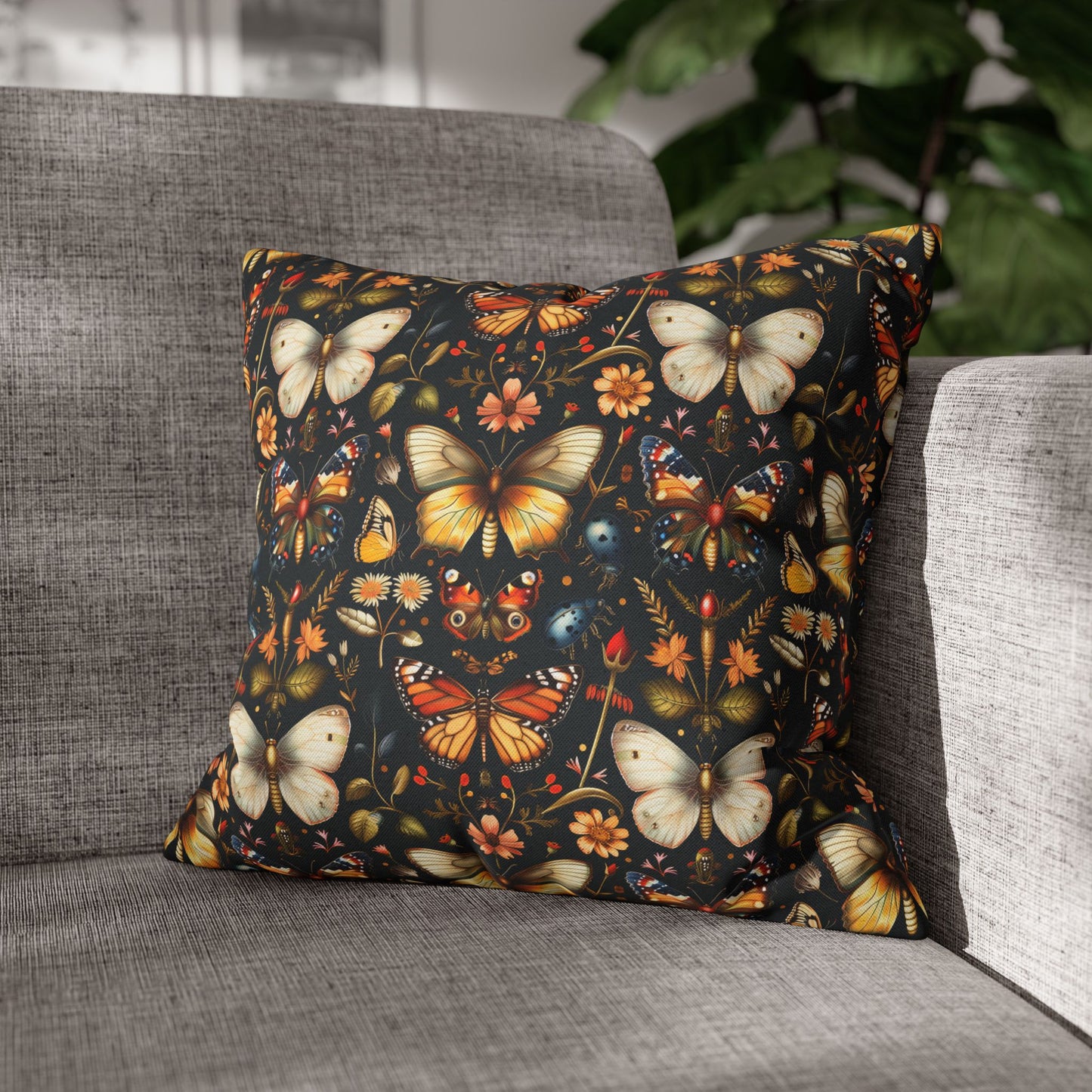 Enchanted Garden of Butterflies and Botanicals in Rich Autumn Hues on a Deep Night Background Polyester Square Pillowcase 4 Sizes