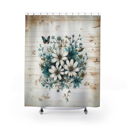 Rustic Charm Bouquet featuring Teal Accents White Wild Daisies with Butterflies  Bathroom Shower Curtain   71" × 74"