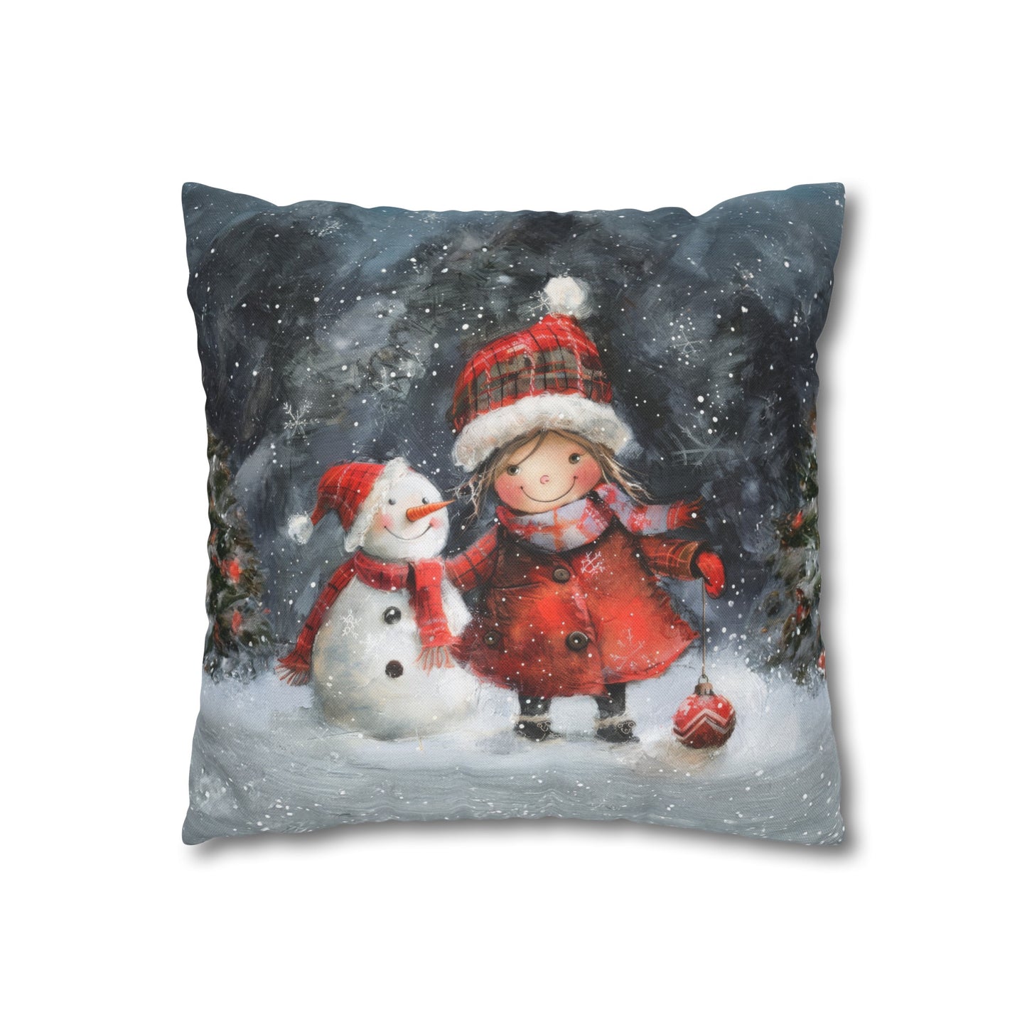 Frosty Friends: Little Girl Standing with Snowman on a Snowy Night Spun Polyester Square Pillowcase 4 Sizes