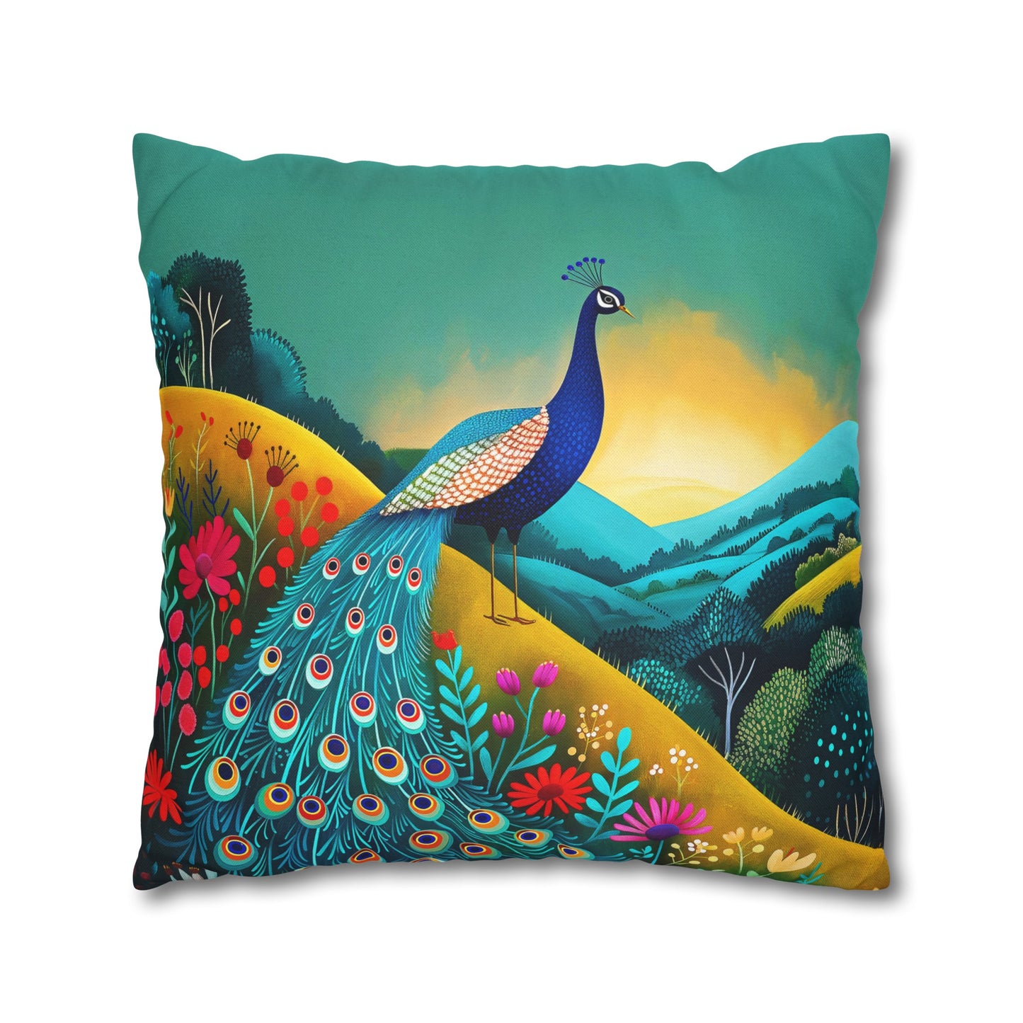 Radiant Peacock with Colorful Enchanted Garden and Sunrise Spun Polyester Square Pillowcase 4 Sizes