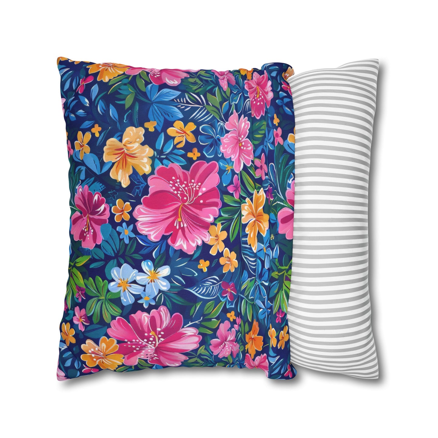 Tropical Sunrise Bloom: Pink Watercolor Flowers with Yellow and Blue Accents Spun Polyester Square Pillowcase 4 Sizes