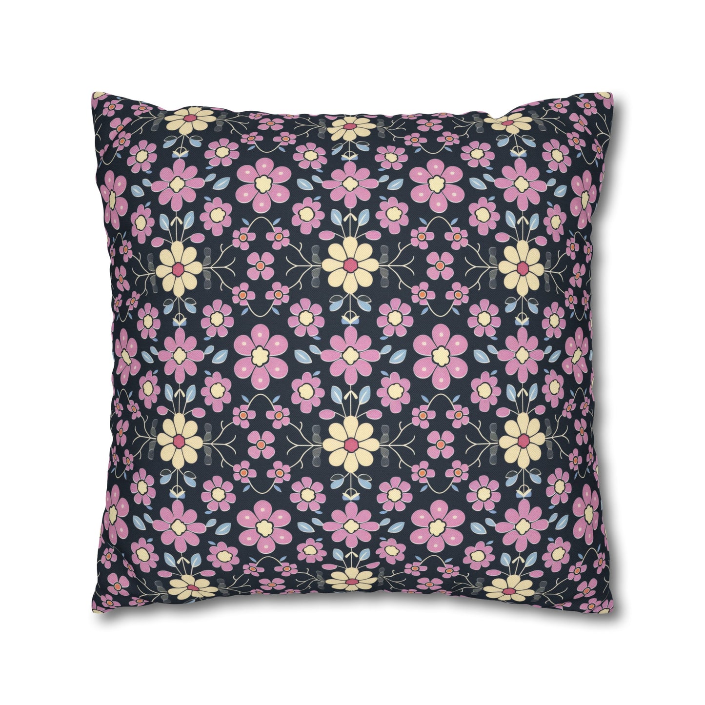 Charming Pastel Pink and Yellow Flowers on Navy Blue Background Spun Polyester Square Pillowcase 4 Sizes