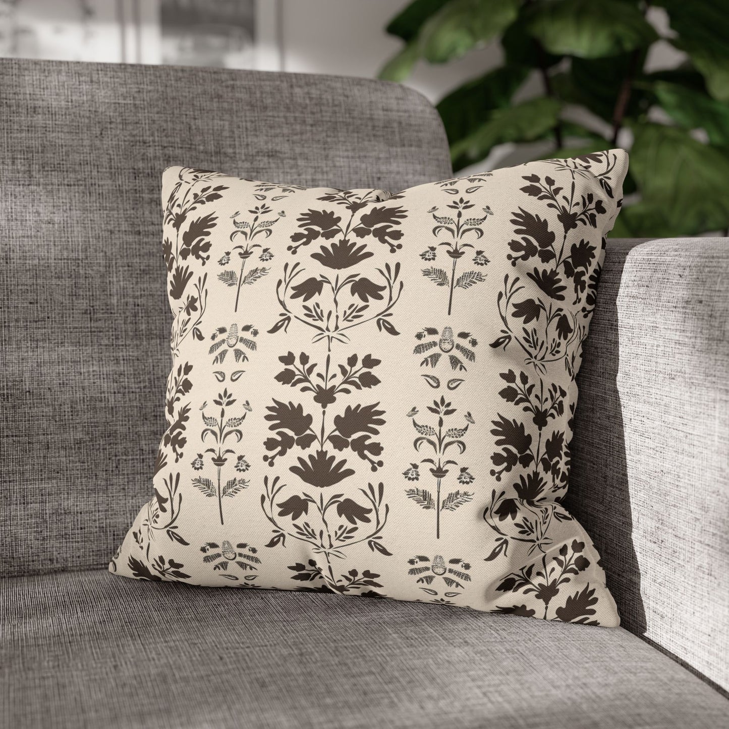 Early American Stencil-Inspired Beige and Brown Floral Pattern Spun Polyester Square Pillowcase 4 Sizes