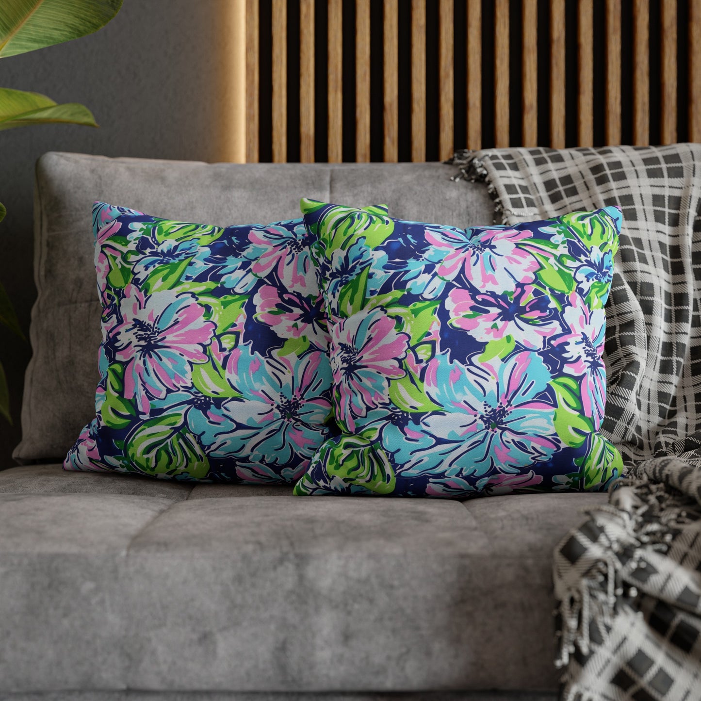 Seaside Coastal Pink, Navy, and Green Tropical Blooms Spun Polyester Square Pillowcase 4 Sizes