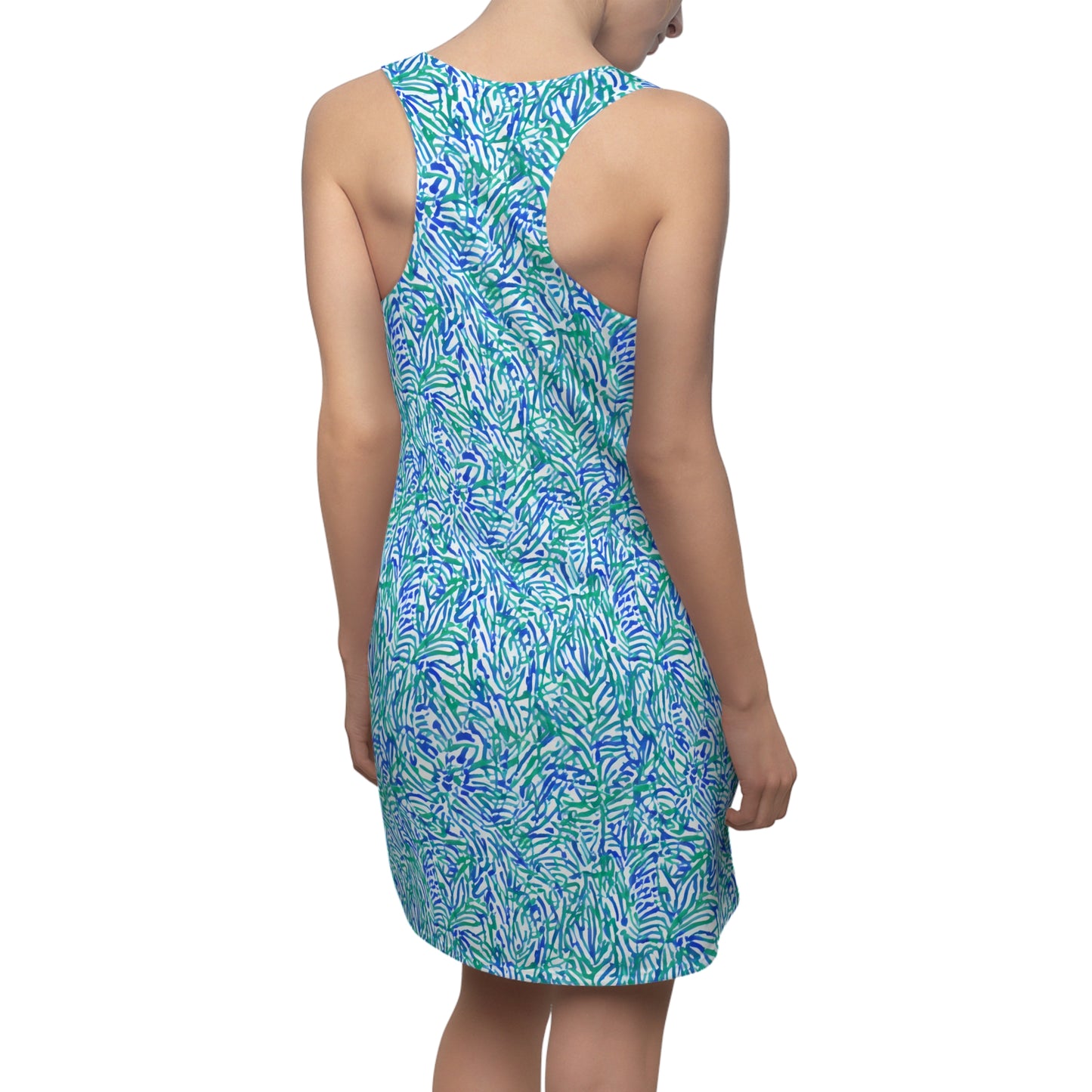 Tropical Fusion: Abstract Palm Leaves in Lime Green and Blue Hues Women's Racerback Dress XS - 2XL