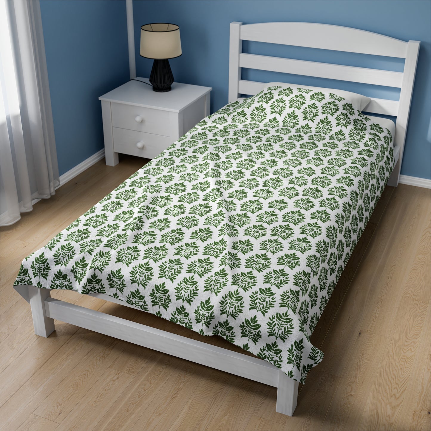 Verdant Harmony in Elegant Green Botanical Block Print Pattern Velveteen Plush Blanket 3 Sizes