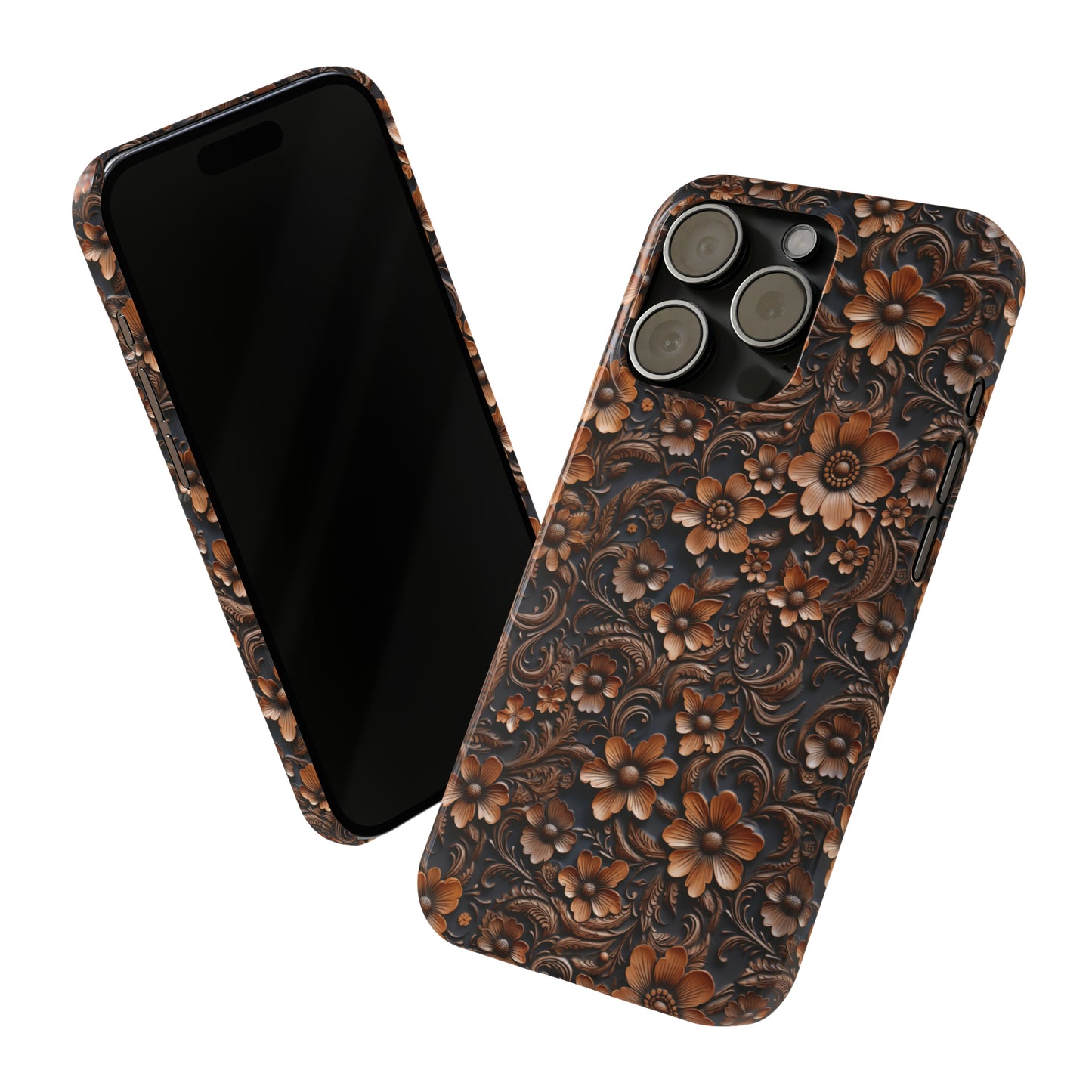 Tooled Deep Brown Leather Flowers Print Design Iphone 15-12 Slim Phone Case