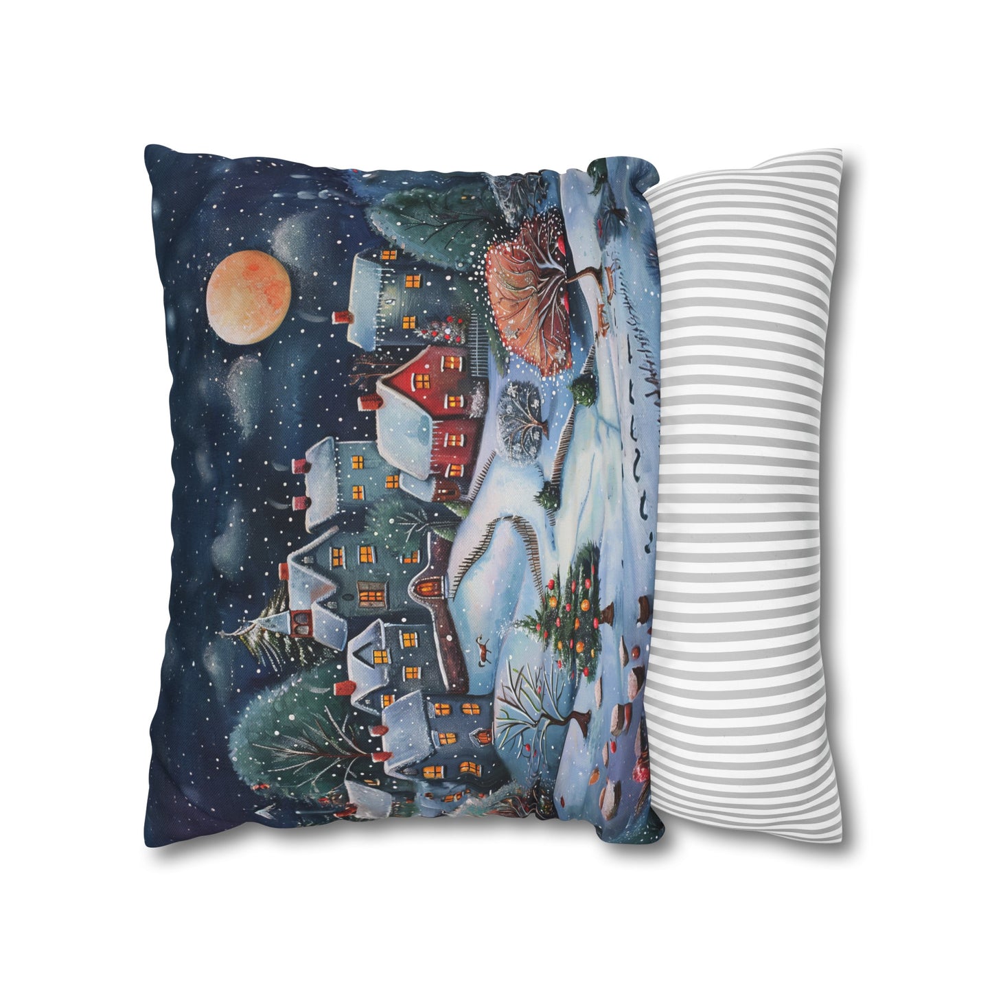 Snowy Serenade: Town at Winter Night with Reindeer Amidst the Snow  Spun Polyester Square Pillowcase 4 Sizes