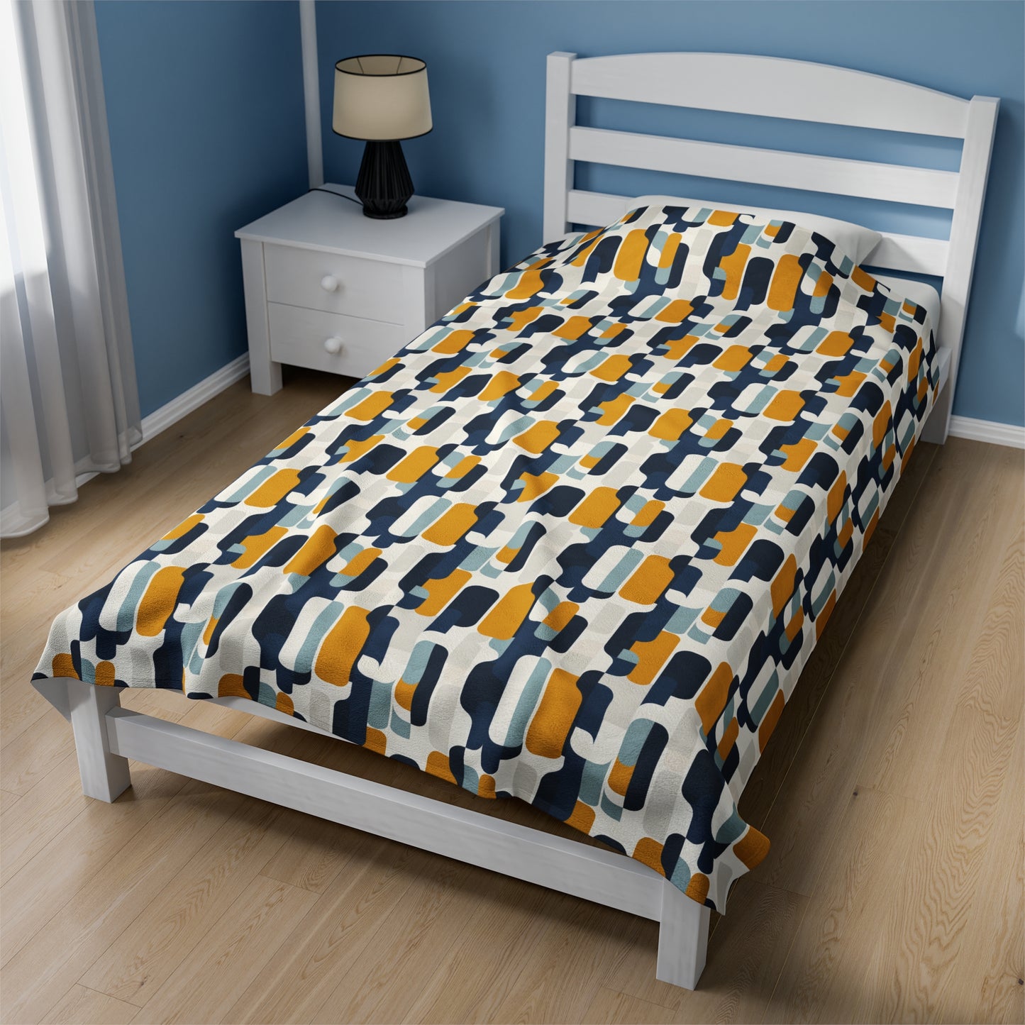 Modern Retro with Bold Geometric Pattern in Mustard and Navy Velveteen Plush Blanket 3 Sizes