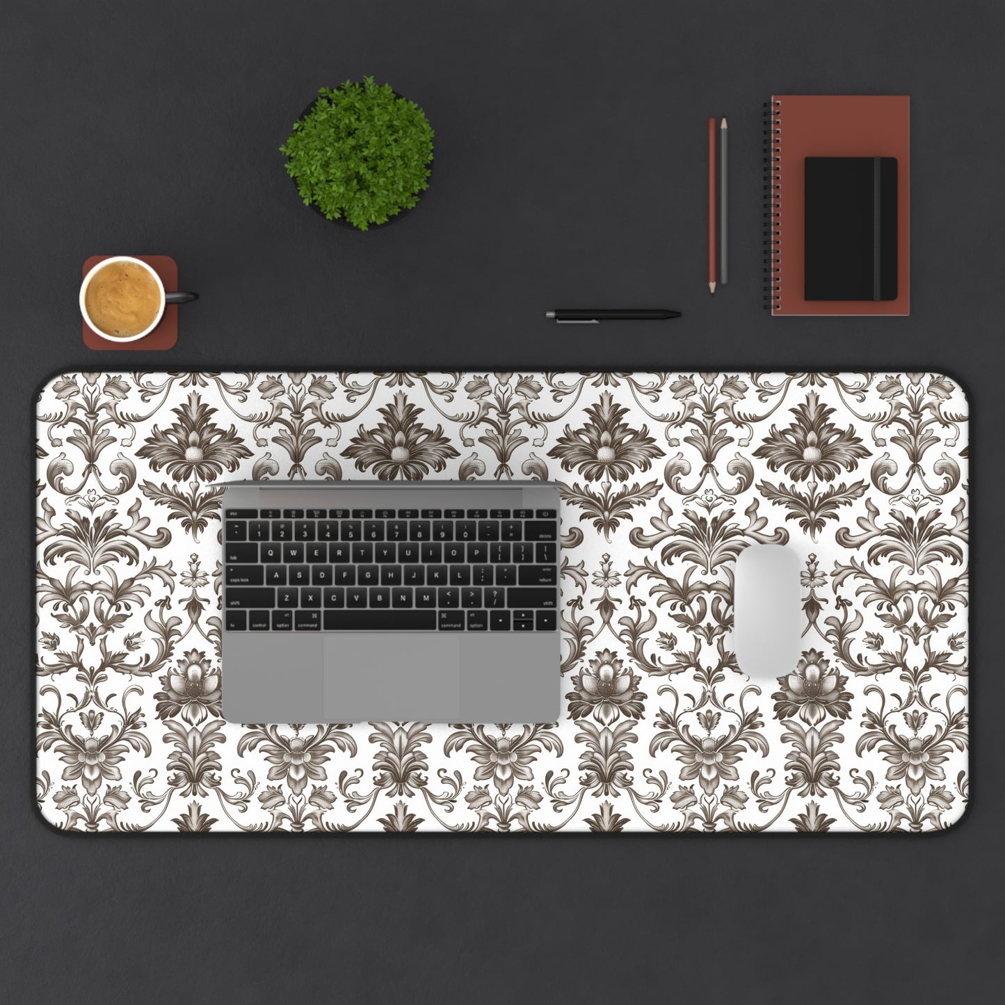 Timeless Rococo Elegance in Detailed Brown and White Floral Pattern Gaming Mouse Pad  Desk Mat  - 3 Sizes