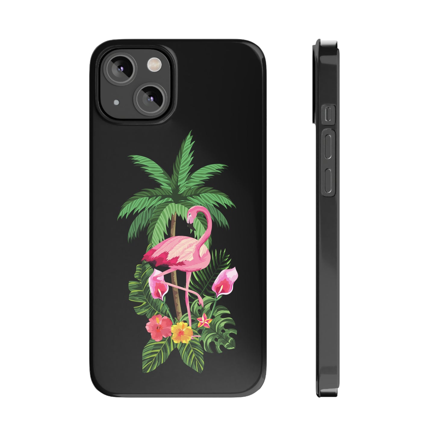 Tropical Pink Flamingo and Flowers Black Background Iphone 15-12 Slim Phone Case