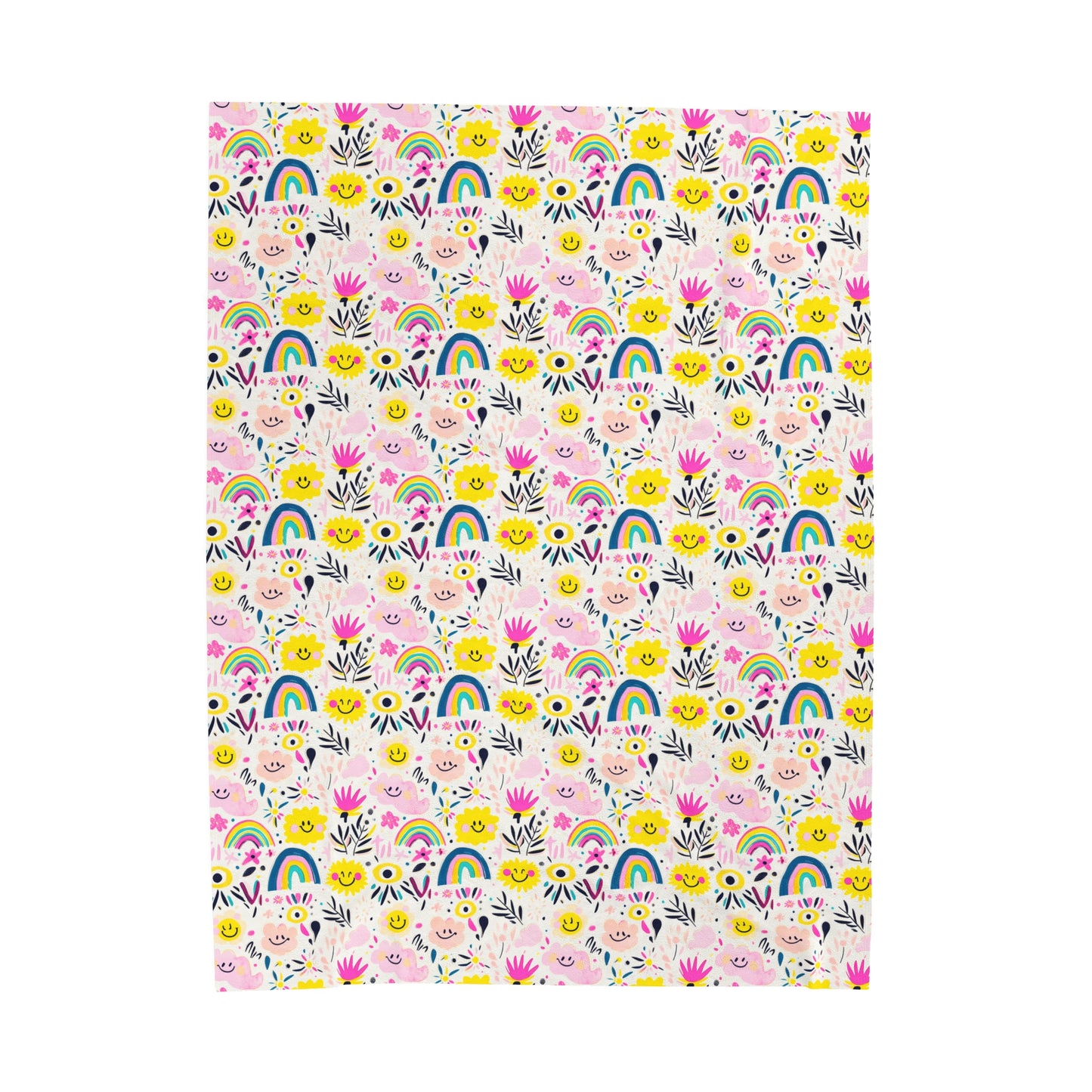 Retro Joy of Whimsical Smiling Flowers, Rainbows, and Playful Patterns Velveteen Plush Blanket 3 Sizes