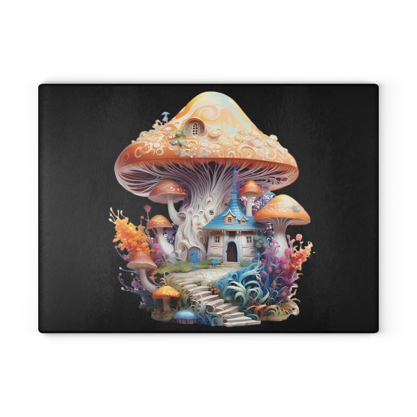 Fairytale Mushroom 2 Story Cottage Home with Black Background - Glass Cutting Board  8" x 11" and 11" x 15"