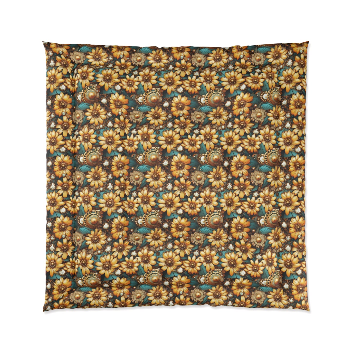 Victorian Steampunk Gold Flowers Teal Background with Gears and Mechanical Elements - Comforter 4 Sizes