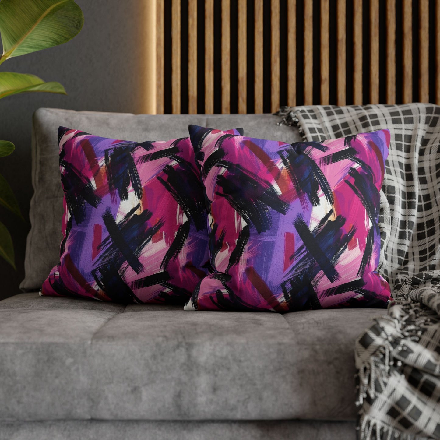 Vibrant Rebellion Brush Strokes in Hot Pink and Cool Purple on a Moody, Dark Background Spun Polyester Square Pillowcase 4 Sizes