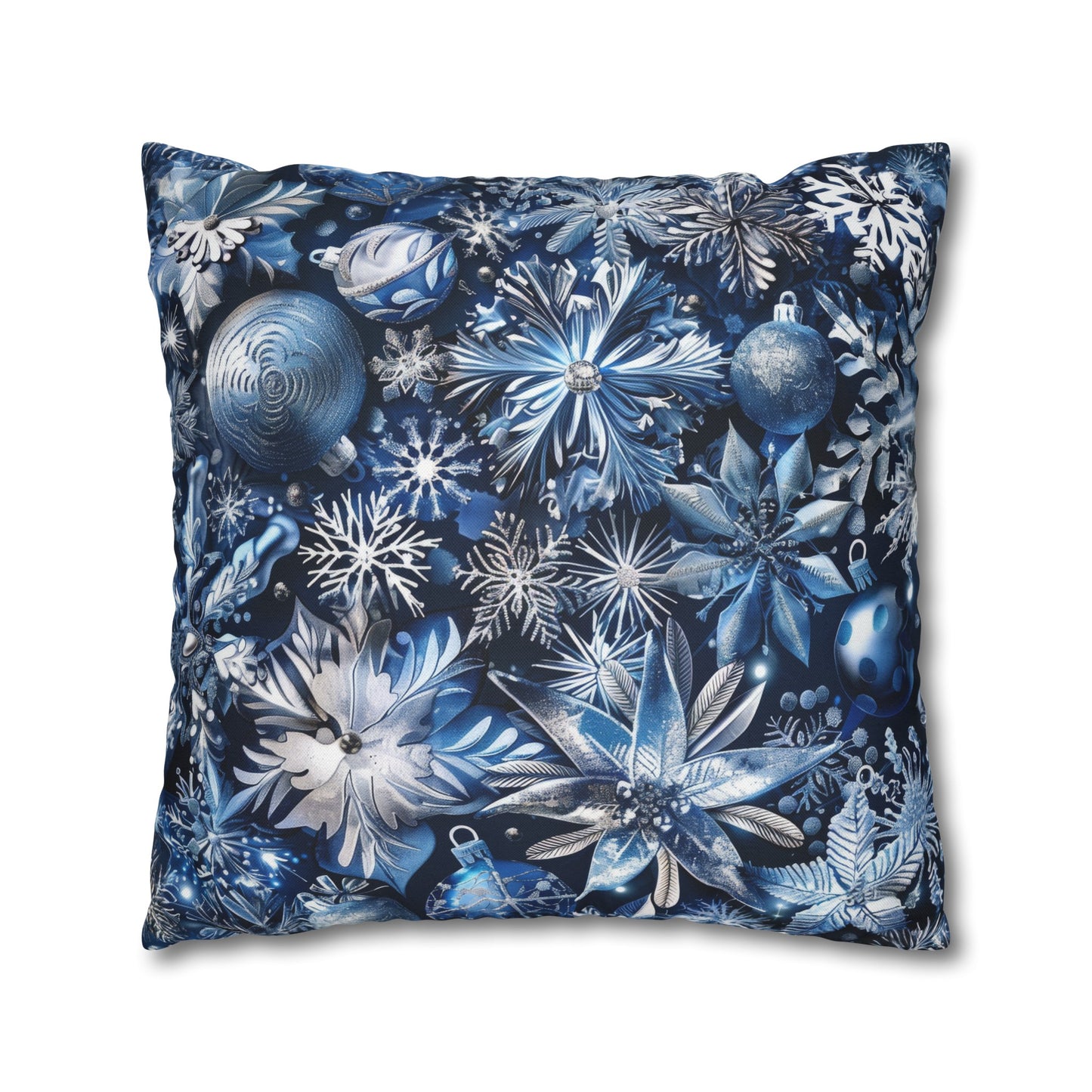 Winter Wonderland Festive Blue and Silver Snowflakes and Ornaments Spun Polyester Square Pillowcase 4 Sizes