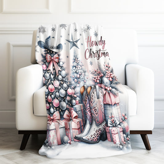 Country Western Howdy Christmas Pink Sparkle Velveteen Plush Blanket 3 Sizes