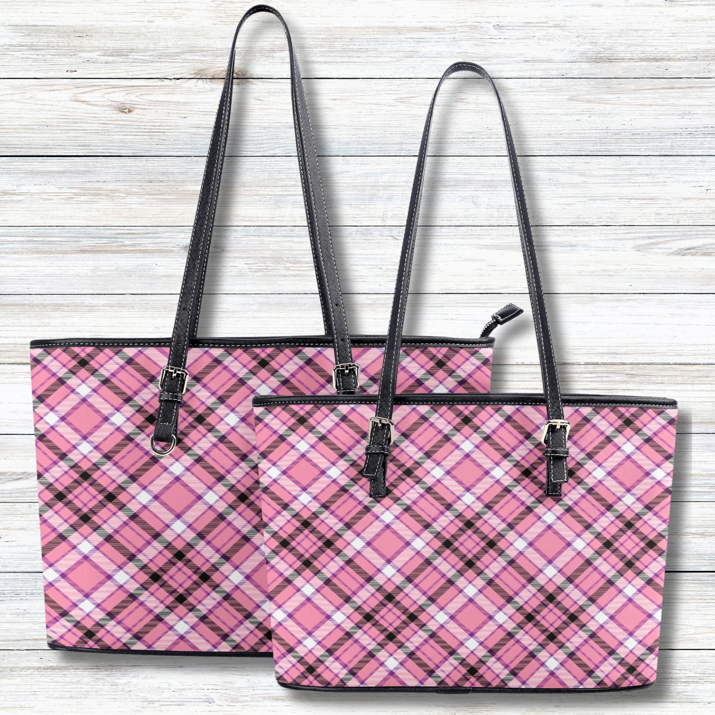 Chic Contrast: Pink & Black Argyle Plaid Pattern Professional Tote Bag Faux Leather (PU) - 2 Sizes