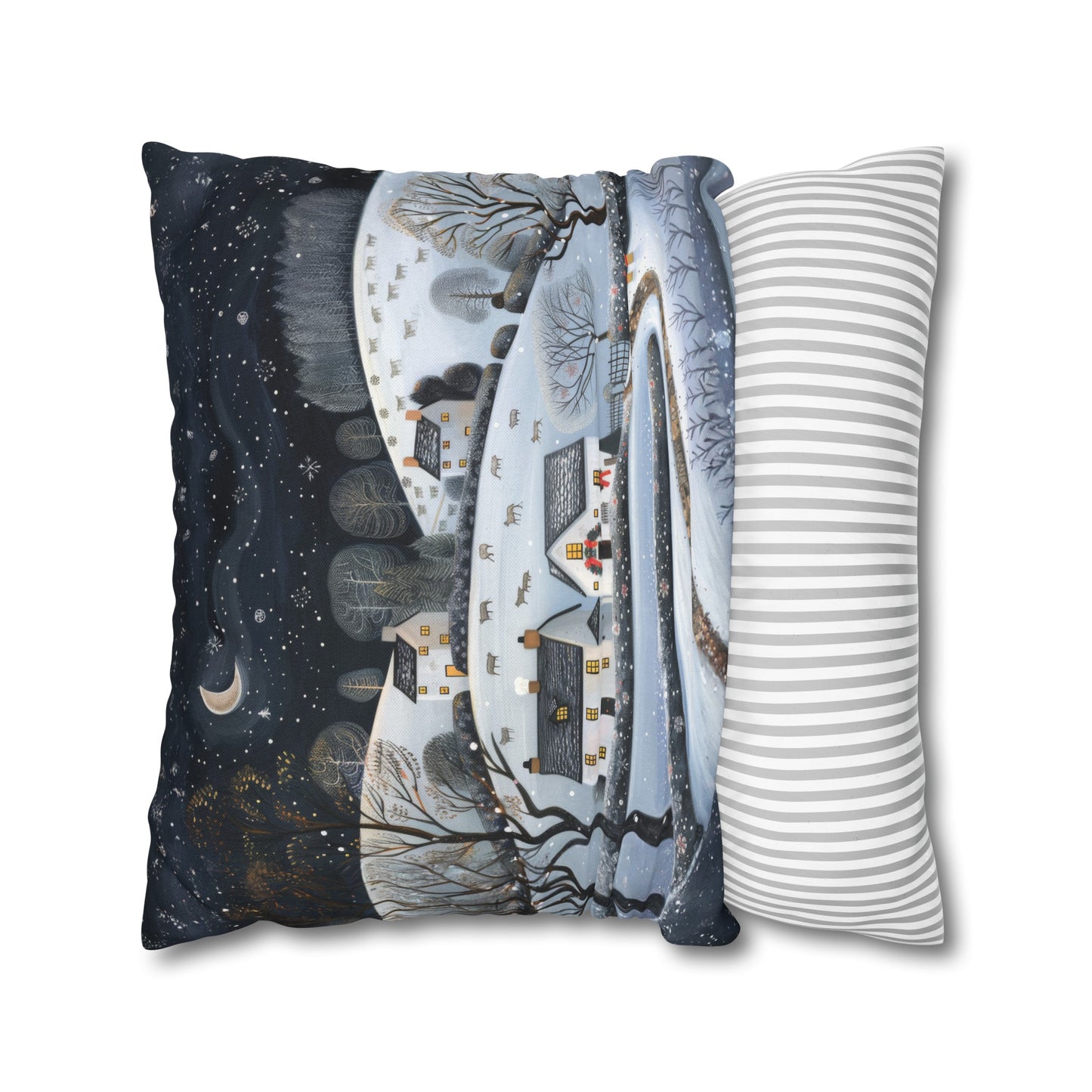 Starry Serenity: Rolling Hills on a Snowy Night, Stars Sparkling in the Sky Spun Polyester Square Pillowcase 4 Sizes