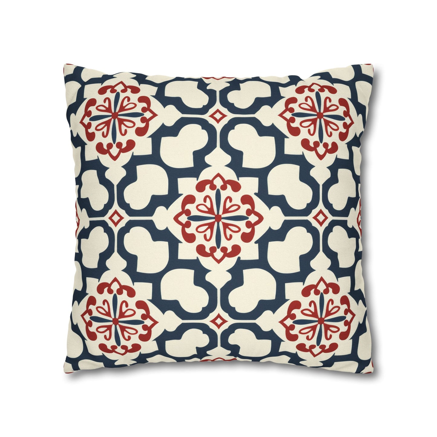 Traditional Korean Elegance in Bold Red and Navy Geometric Tile Pattern Spun Polyester Square Pillowcase 4 Sizes