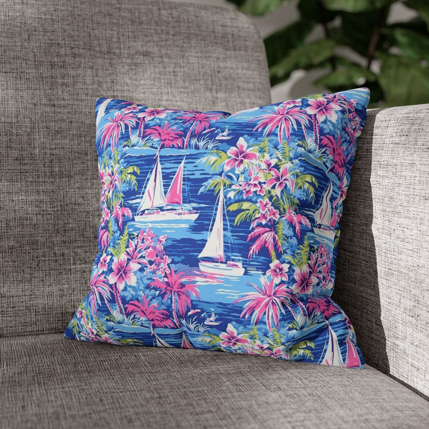 Sailing Tropics: Watercolor Sailboats Amidst Ocean Waves, Tropical Flowers, and Palm Trees Spun Polyester Square Pillowcase 4 Sizes