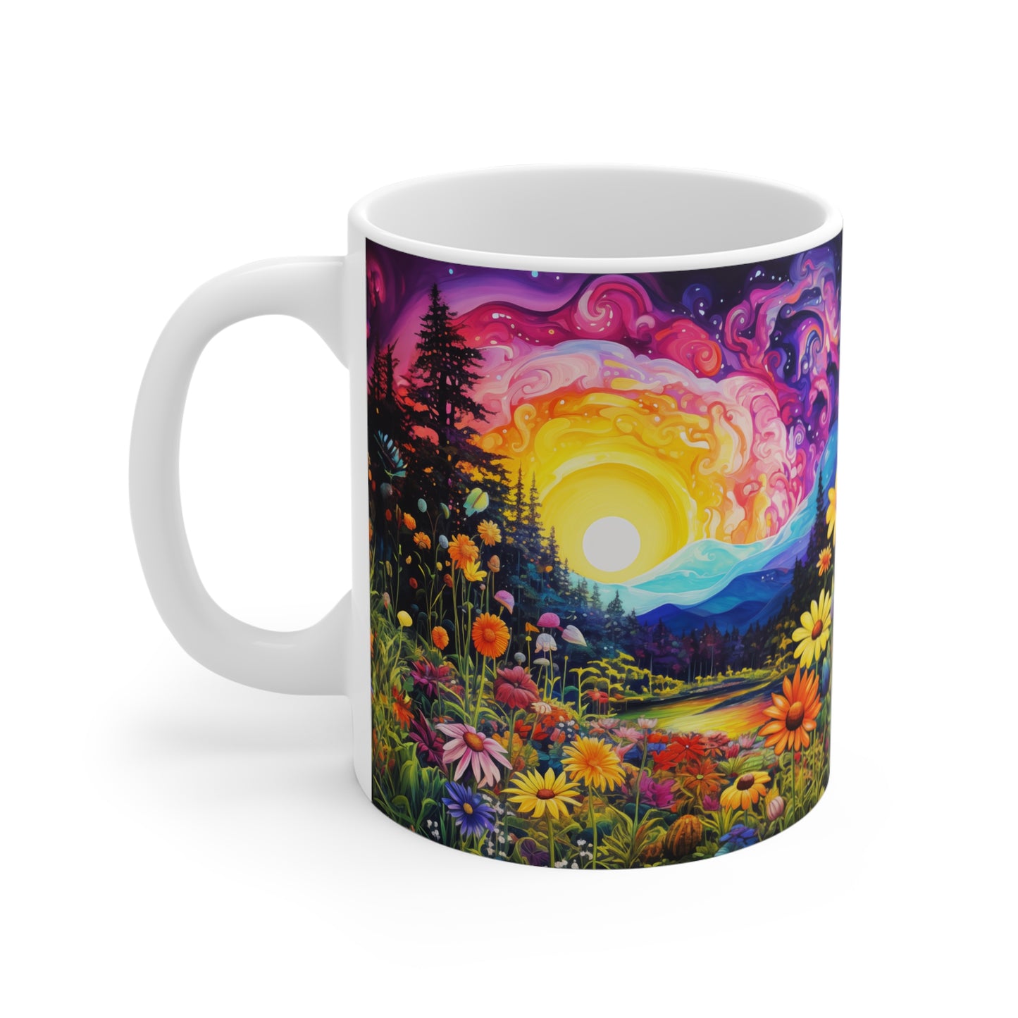 Enchanting Sunrise Over a Whimsical Field of Wildflowers  - 11 oz Coffee