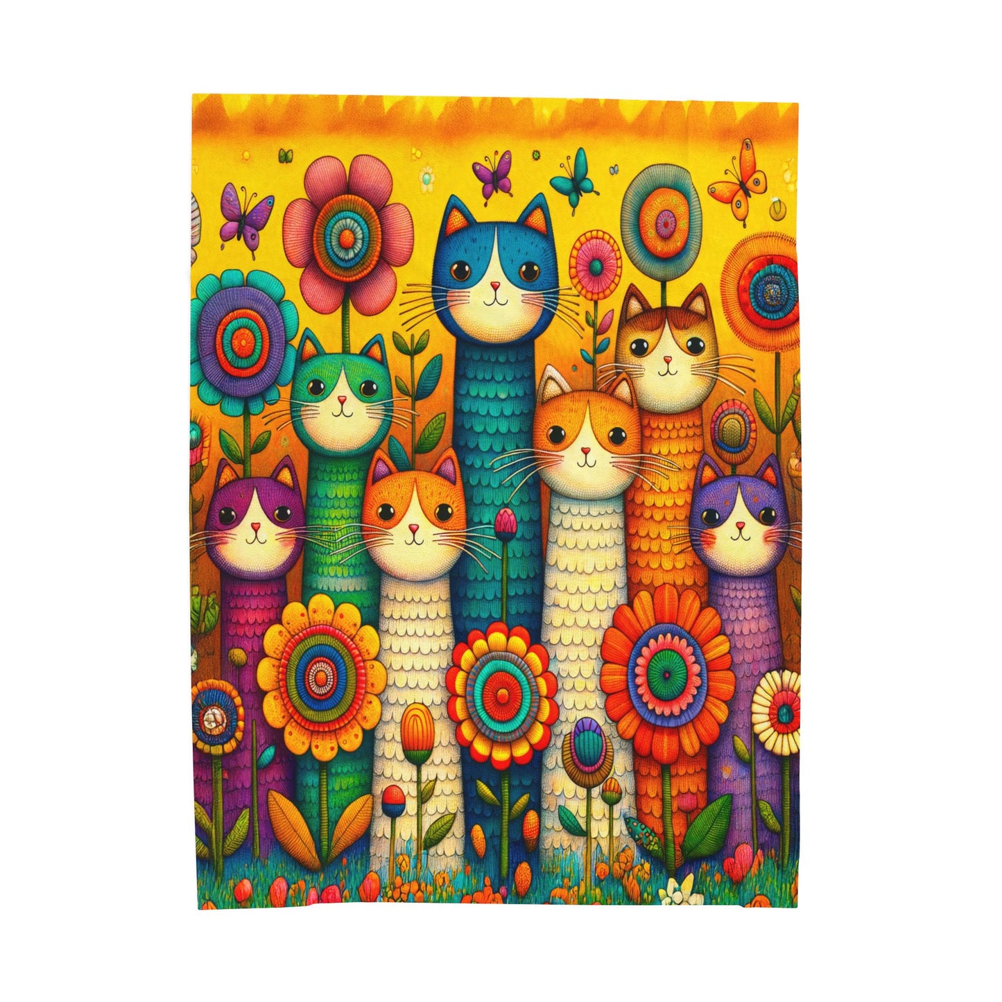 Tall Cats and Flowers Print Velveteen Plush Blanket 3 Sizes