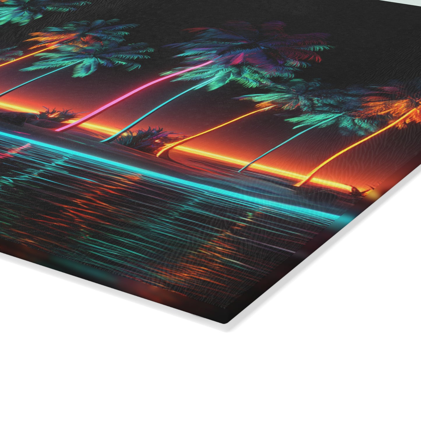 Beach Sunset Neon Palm Trees Tropical Ocean Glass Cutting Board, Charcuterie Serving Tray 2 Sizes