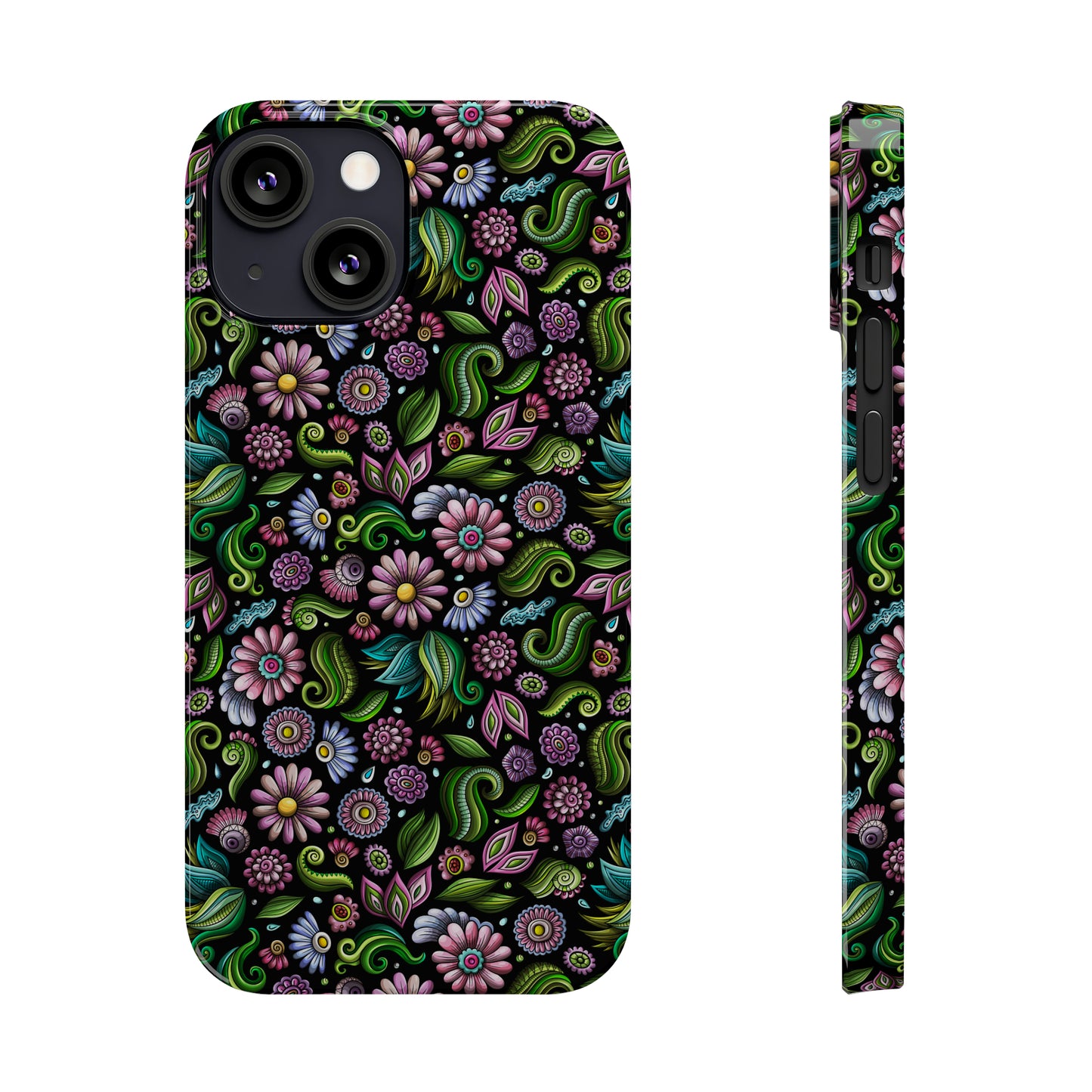 Purple & Pink Daisy Floral Print on Black Background Iphone 15-12 Slim Phone Case