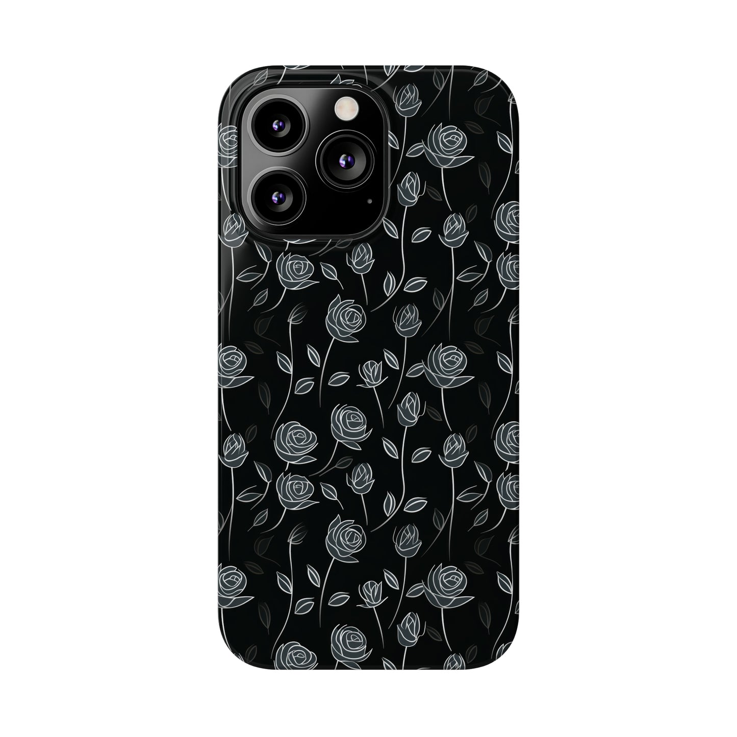 Contrasting Elegance: White Outlined Roses on a Black Background Iphone 15-12 Slim Phone Case