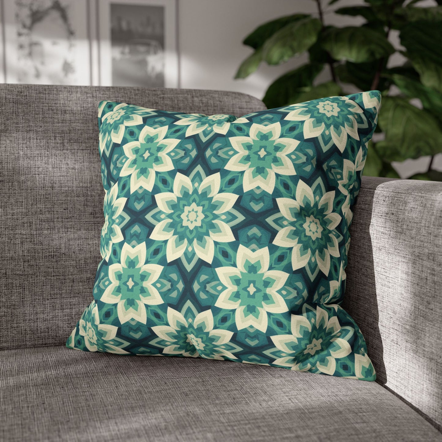 Intricate Aqua and Teal Mandala Floral Pattern Spun Polyester Square Pillowcase 4 Sizes