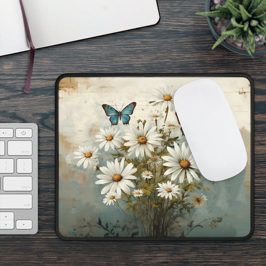 Rustic Farmhouse Daisy and Butterfly Design Gaming Mouse Pad with Finished Edges