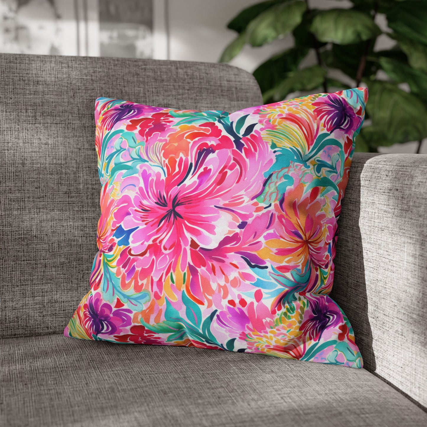 Rainbow Tropics: Watercolor Flowers in Vibrant Pink, Green and Orange Hues Spun Polyester Square Pillowcase 4 Sizes