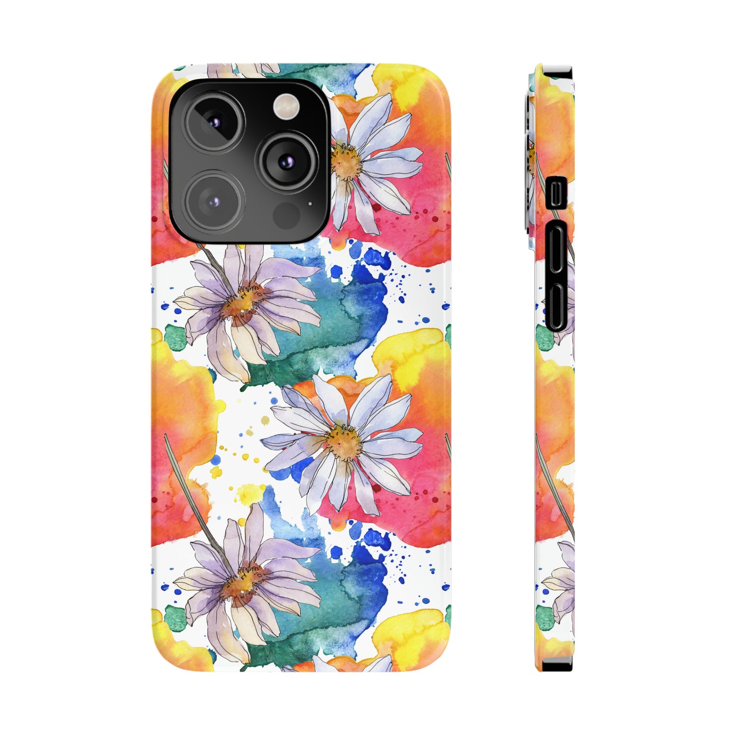 Large Colorful Watercolor Daisy Design Iphone 15-12 Slim Phone Case