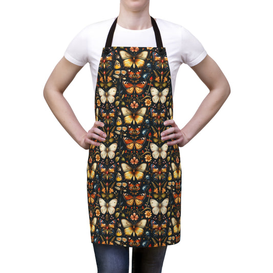 Enchanted Garden of Butterflies and Botanicals in Rich Autumn Hues on a Deep Night Background Kitchen Chef Apron