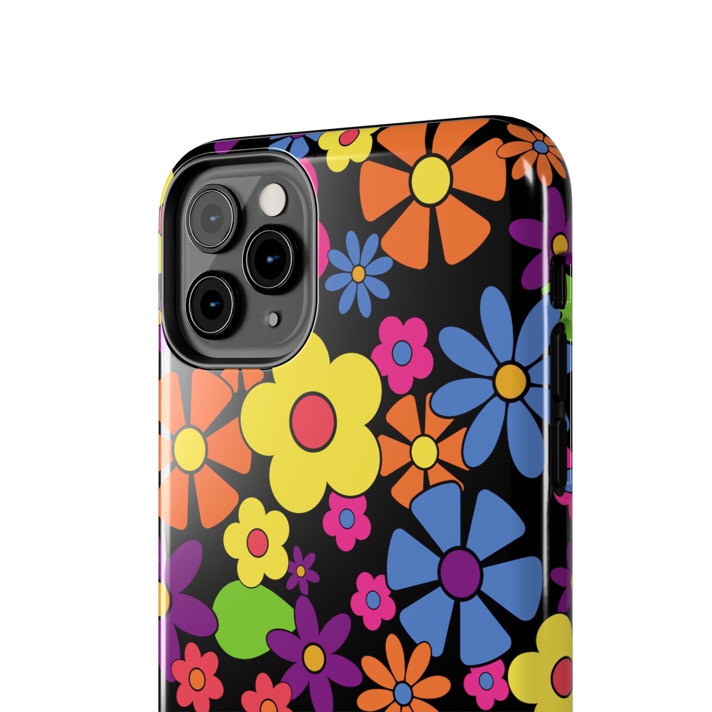 Flower Power Design on Black Background Iphone Tough Phone Case