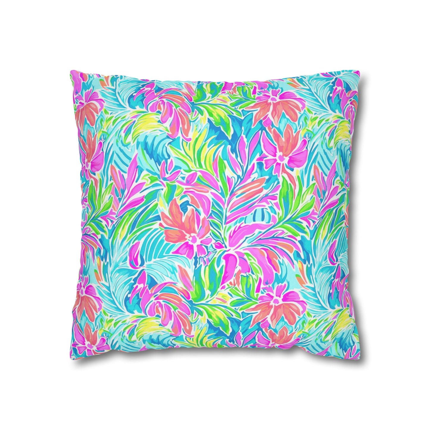 Neon Tropics: Vibrant Rainbow Flowers and Palm Leaves in Electric Splendor Spun Polyester Square Pillowcase 4 Sizes