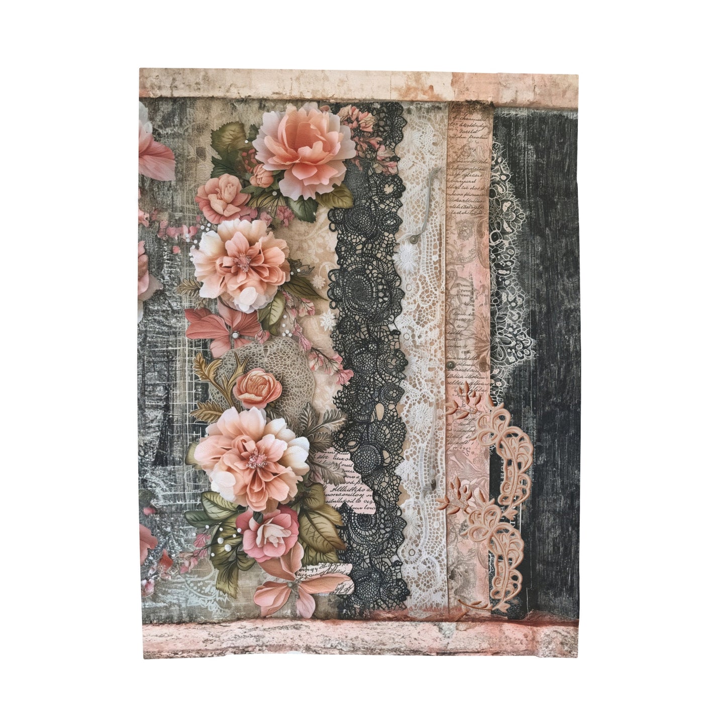 Elegant Victorian Flair: Layers of Pink and Black Lace Adorned with Pink Flowers Velveteen Plush Blanket 3 Sizes