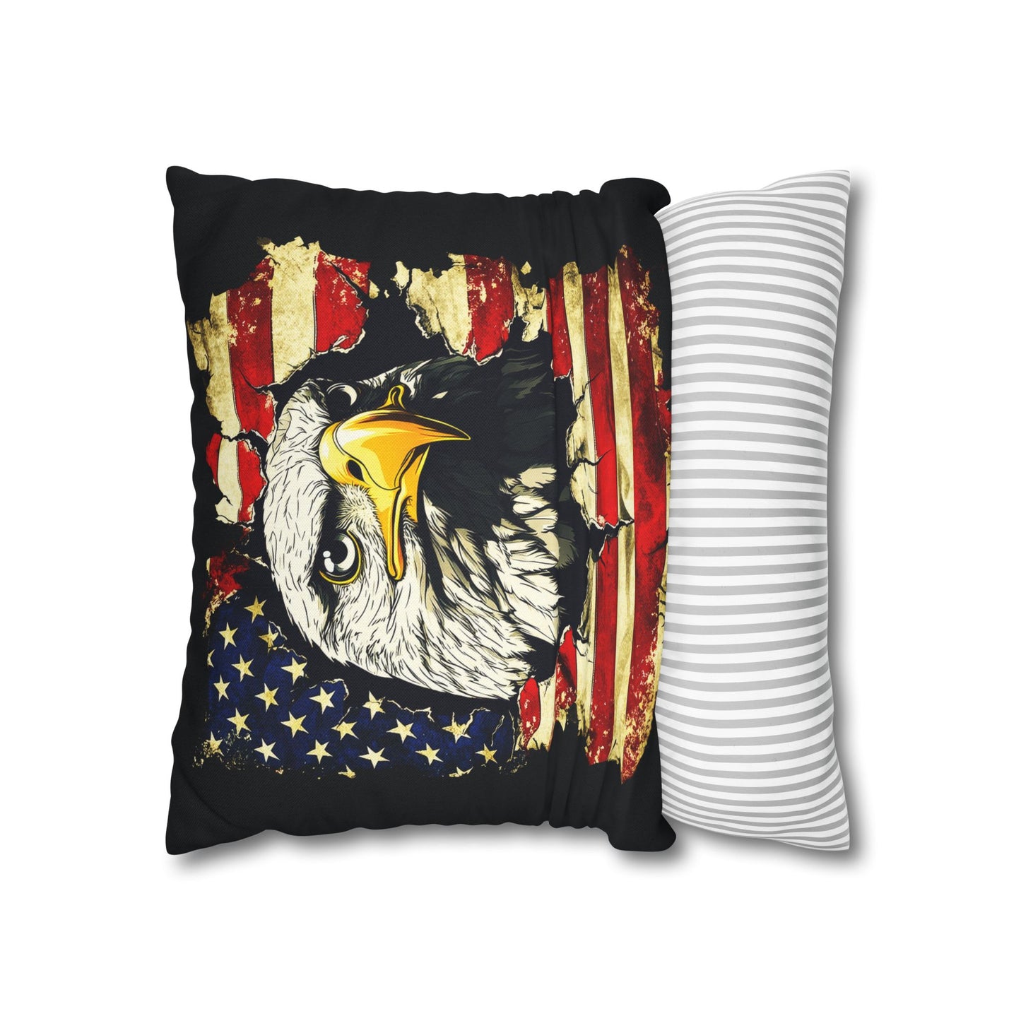 Bold Patriotism American Bald Eagle and Tattered American Flag Spun Polyester Square Pillowcase 4 Sizes