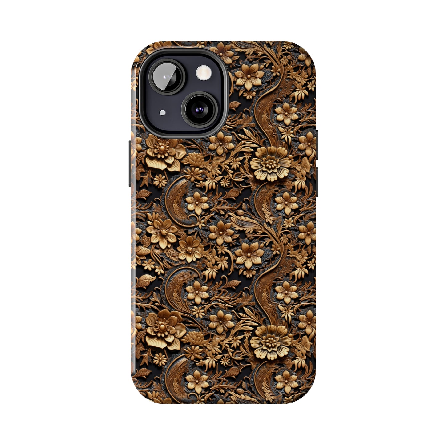 Tooled Leather Large Gold Flowers with Blue Leaf Swirl Accents Print Design Iphone Tough Phone Case