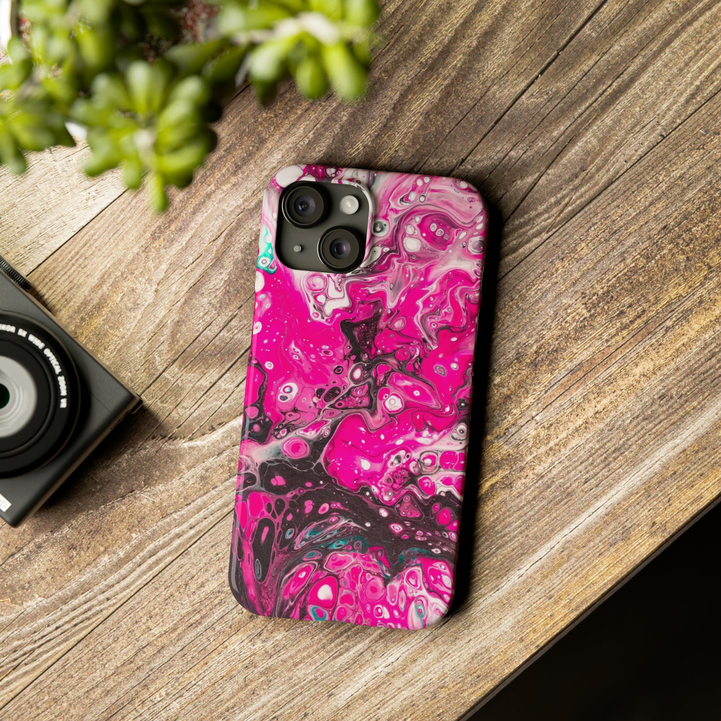 Pink, Black and White Alcohol Ink Design Iphone 15-12 Slim Phone Case