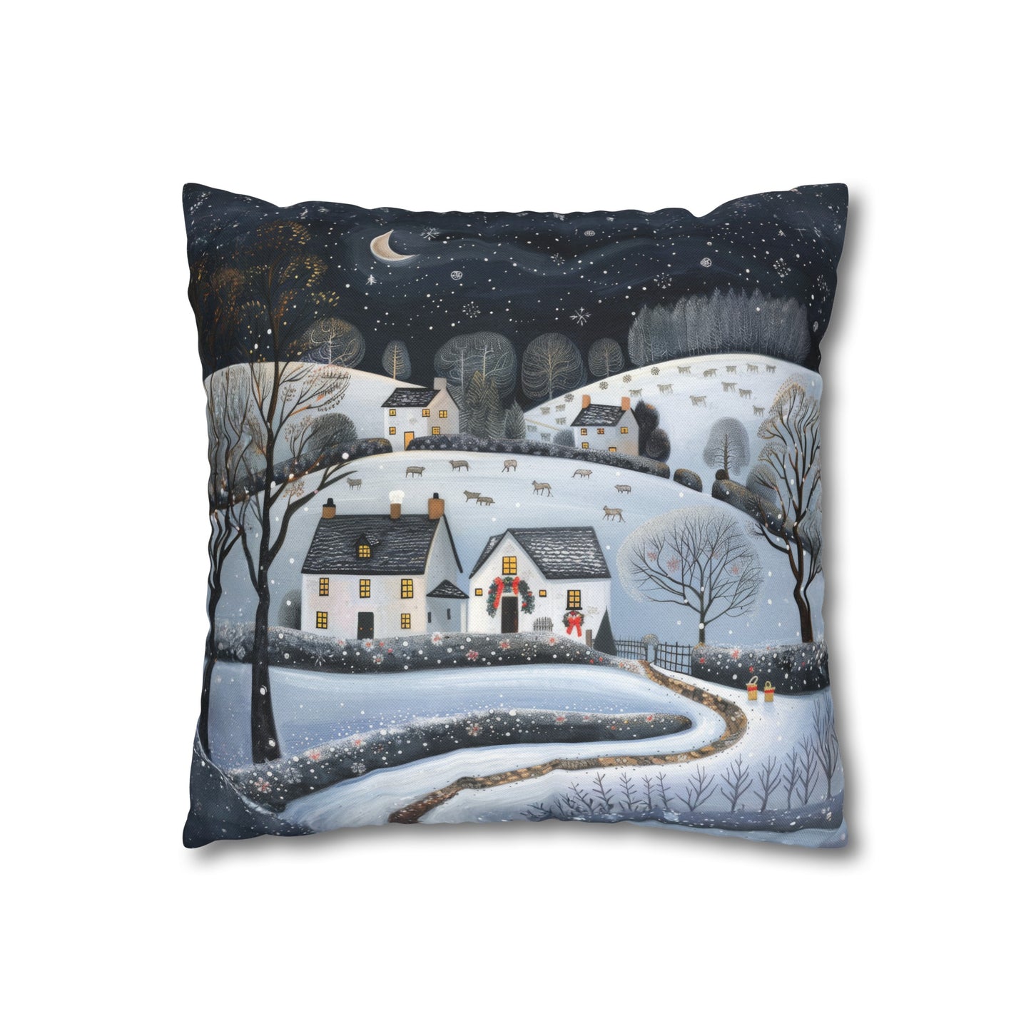 Starry Serenity: Rolling Hills on a Snowy Night, Stars Sparkling in the Sky Spun Polyester Square Pillowcase 4 Sizes