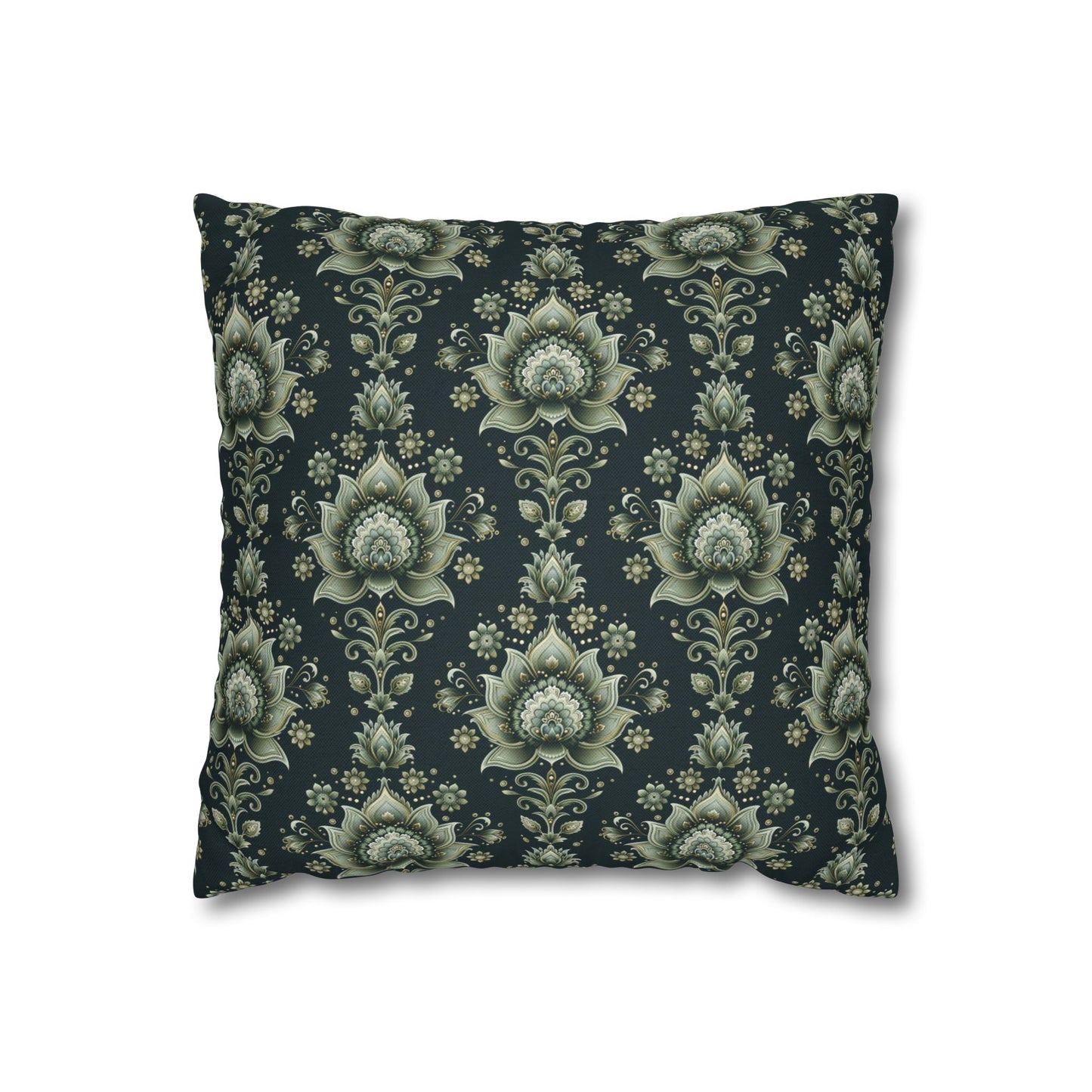 Ornate Green Mandala with Golden Accents on Dark Background Polyester Square Pillowcase 4 Sizes