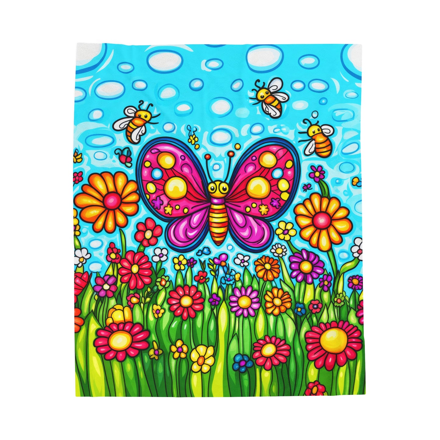 Butterfly Bliss with Bees and Blooming Flowers Velveteen Plush Blanket 3 Sizes