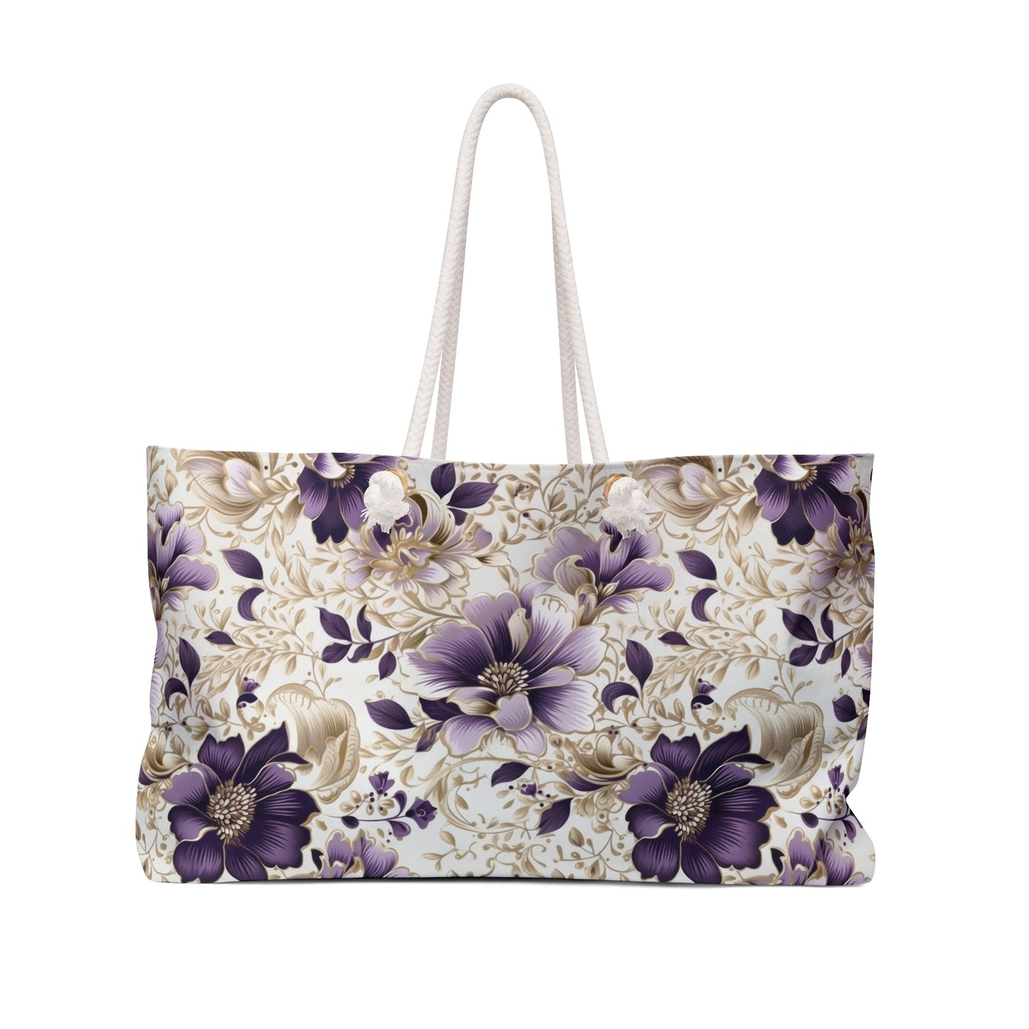 Purple Majesty: Watercolor Floral Design with Gold Foliage Accents - Weekender Oversized Canvas Tote Bag 24" × 13"