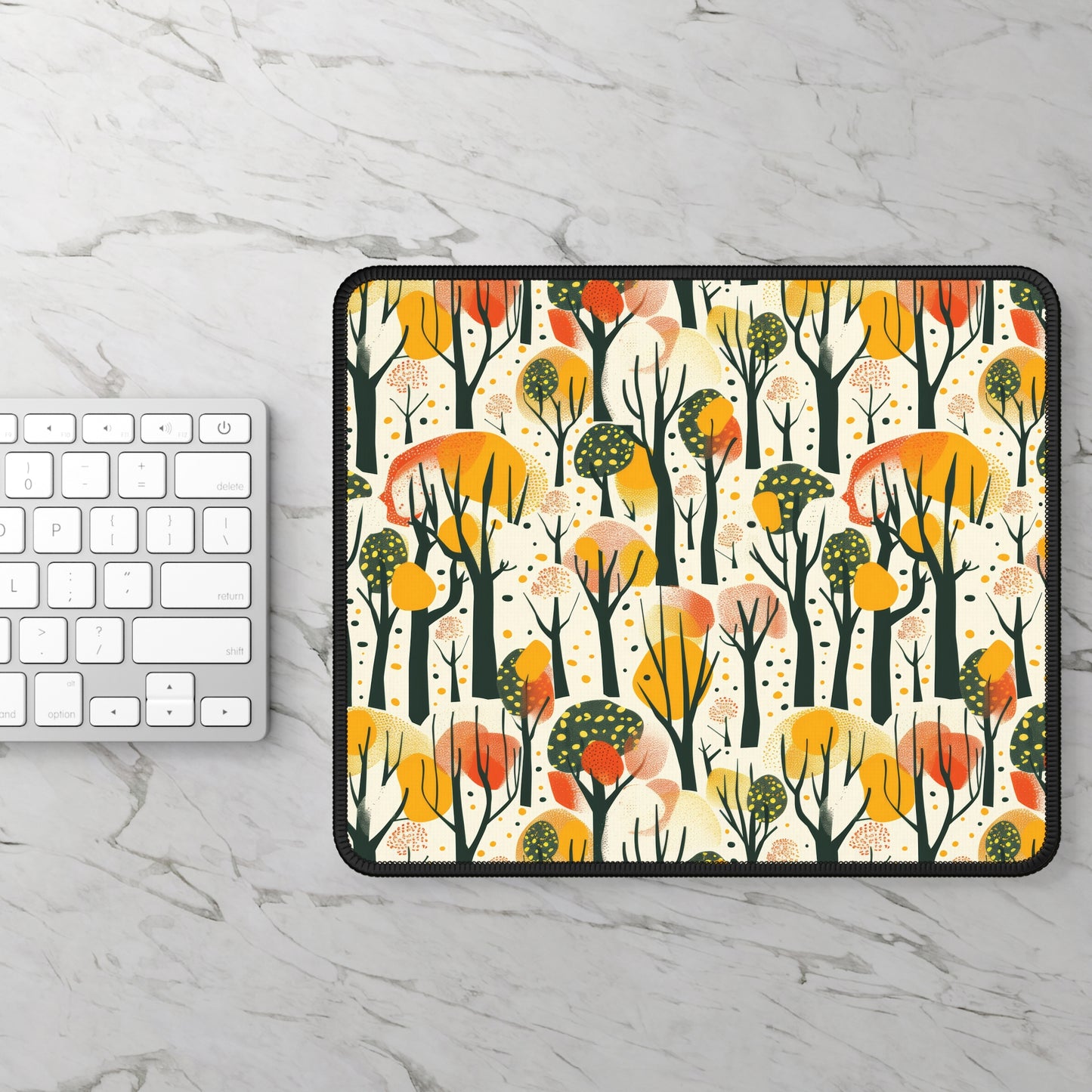 Enchanted Forest of Yellow and Orange Trees on a Speckled Cream Background Gaming Mouse Pad with Finished Edges