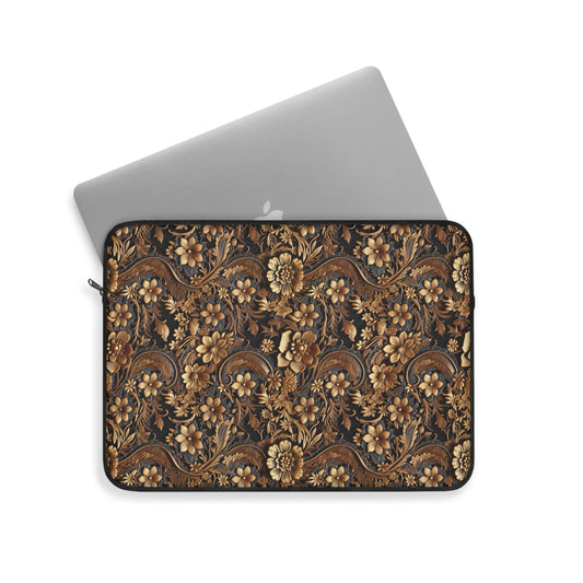 Tooled Leather Large Gold Flowers with Blue Leaf Swirl Accents Print Design - Laptop or Ipad Protective Sleeve 3 Sizes